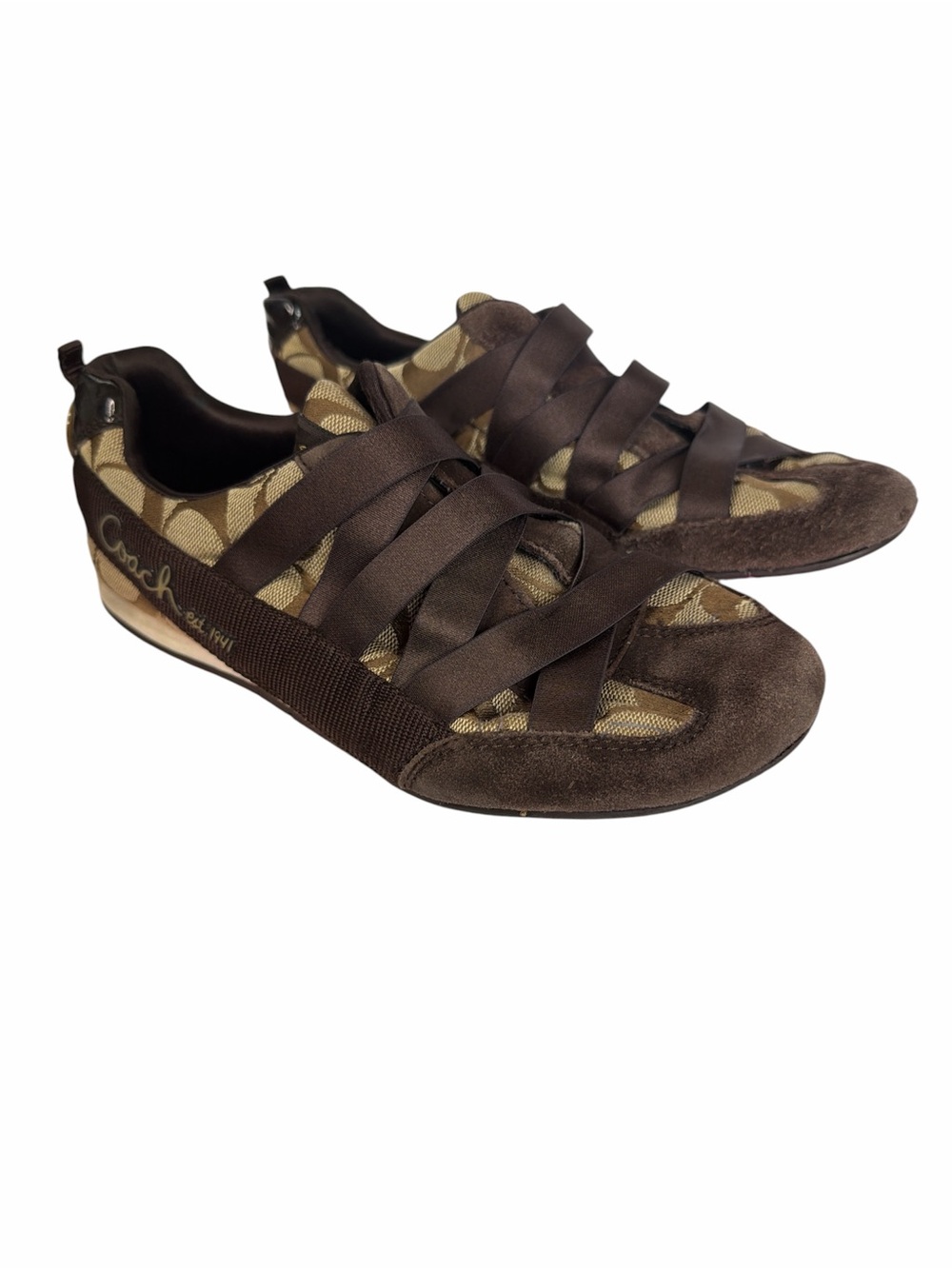 Coach Brown Signature Ribbon Slip-On Sneakers with Suede Trim‎